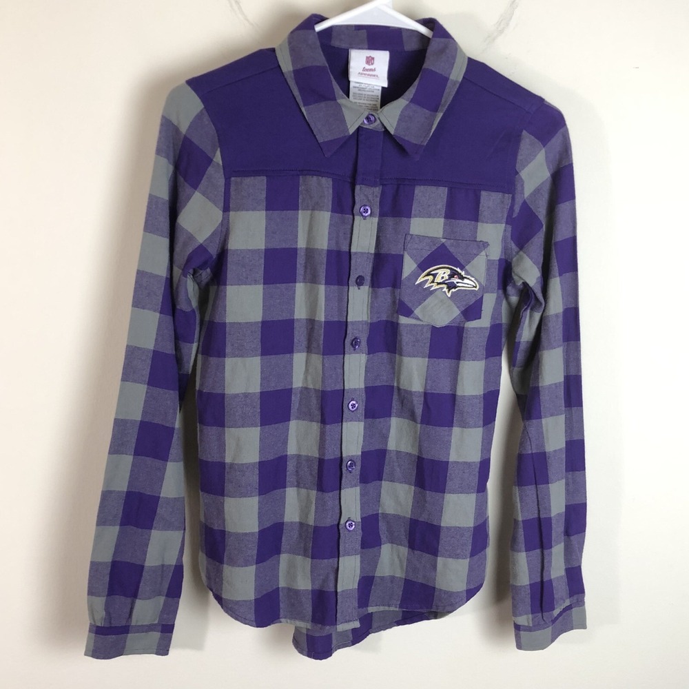 Baltimore Raves NFL Teens Apparel Purple Plaid Shirt Girls Sz Small Petite 3/5
